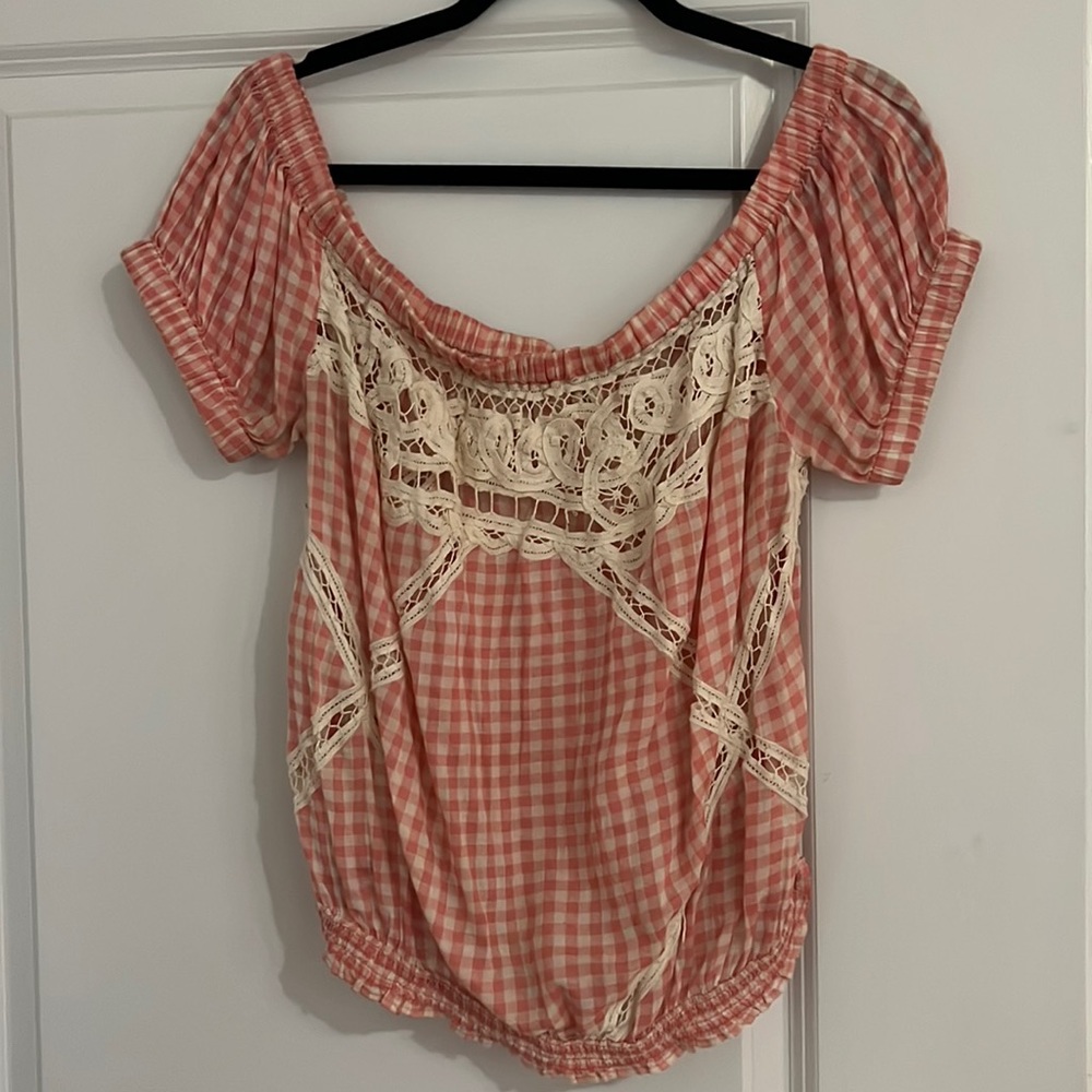 Free people pink gingham off the shoulder top